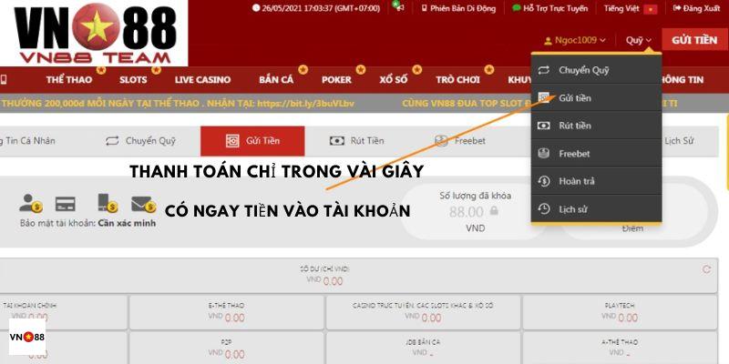 Quá trình nạp tiền Vn88 được thực hiện trong bao lâu?